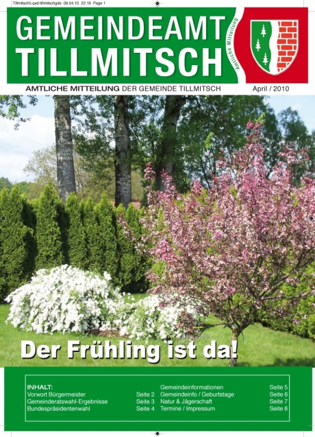 Titelbild Gemeindezeitung Tillmitsch April 2010 - Gestaltung PR + Marketing Agentur Leodolter